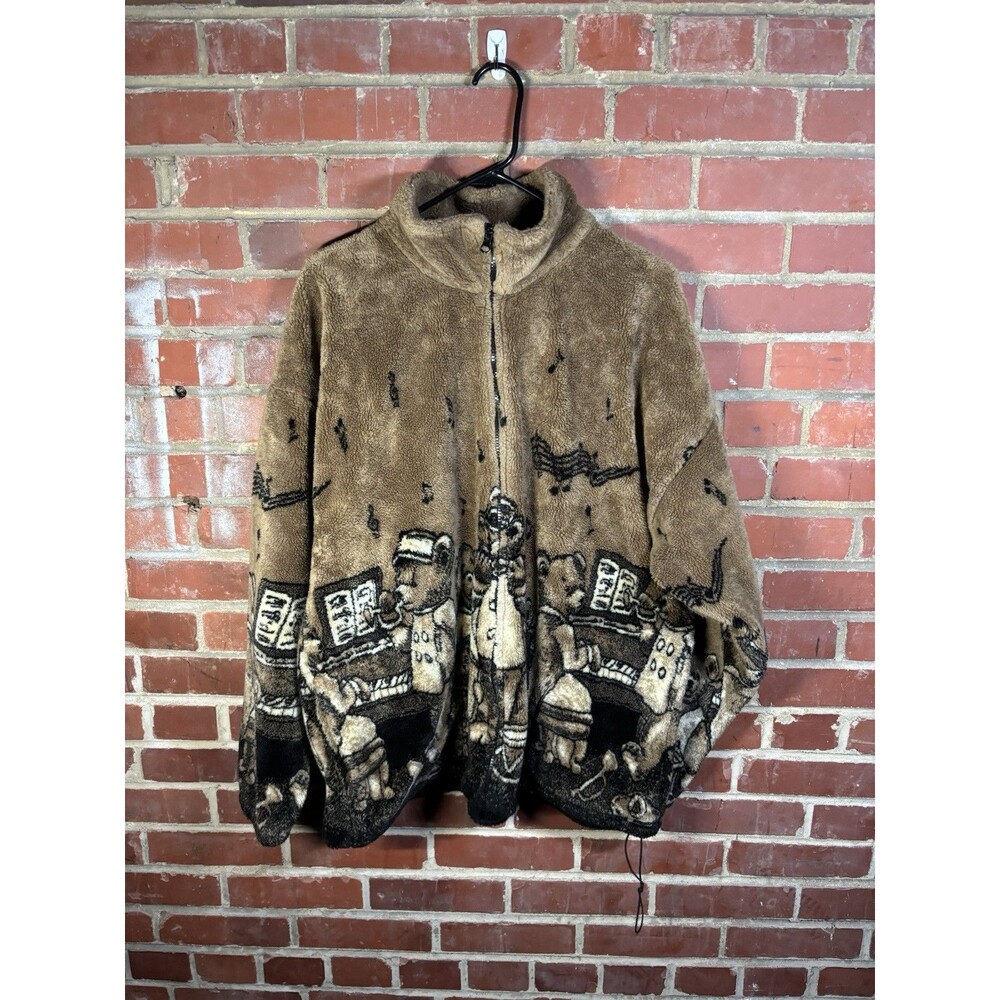 Vintage 90s Cobblestone Canyon Teddy Bear USA Fleece Sweater Jacket XL